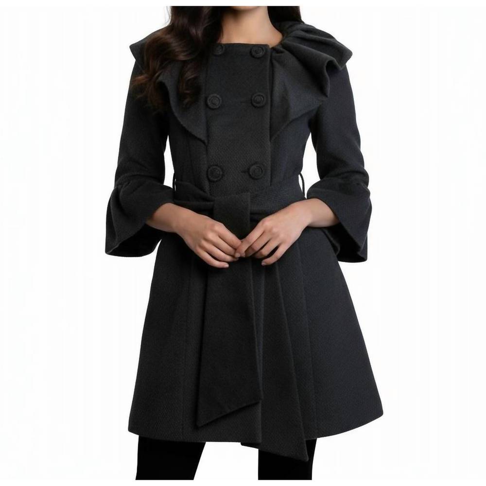 NEW RYU pintuck detailed double button with waist tie coat in black